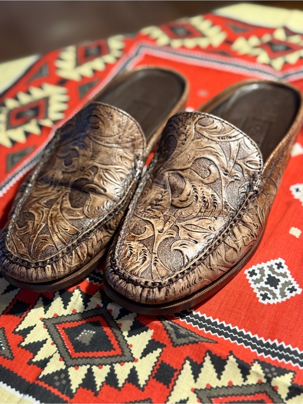 Cole Haan Tooled Leather Mule Loafers Western Boho Clogs Size 6.5B